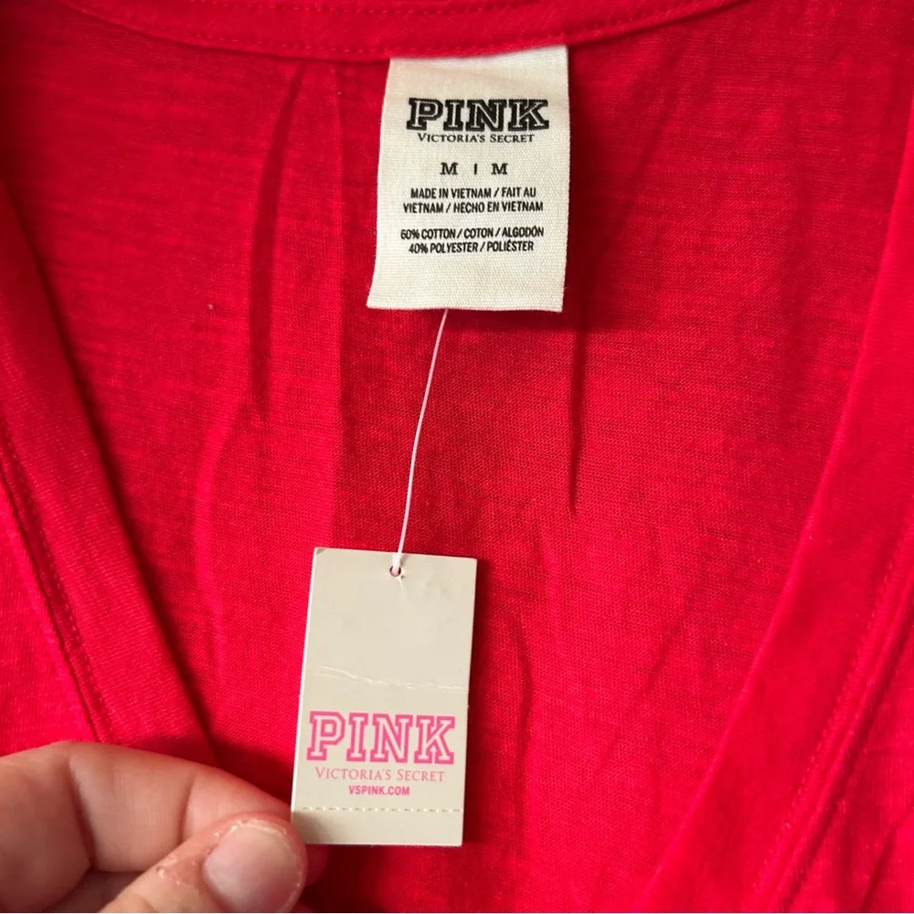 Victoria’s Secret pink V neck T-shirt red with silver writing medium NWT - Picture 5 of 5